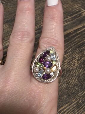 Teardrop Multistone Ring with Pearls - Gold Tone - Women Jewelry
